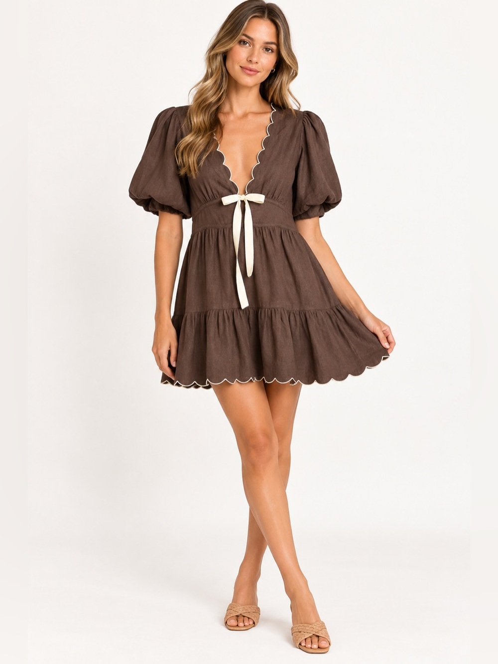 House of Harlow 1960 Brown Linen Scallop Puff Sleeve Mini Dress Size 8